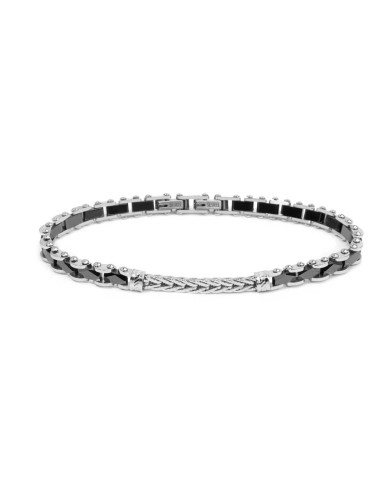 Bracelet elementi ceramica sfaccettata nera lucida e centrale con catena foxtail piatta