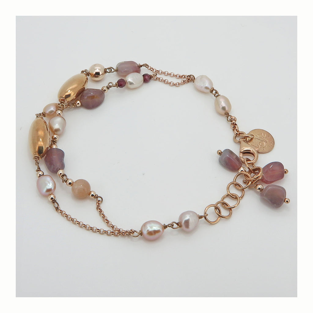 Bracelet con pietre dure in argento rosé a due fili